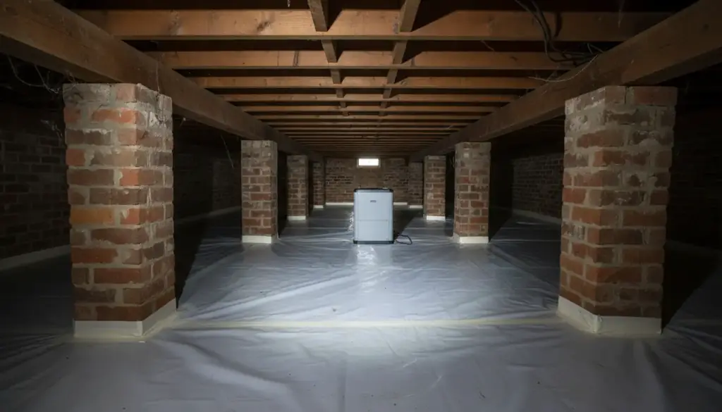 A crawl space with brick piers and a sealed vapor barrier laid over red clay