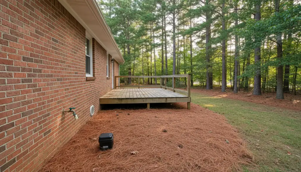 A tamper-resistant bait station set in pine straw along a brick foundation, deck behind