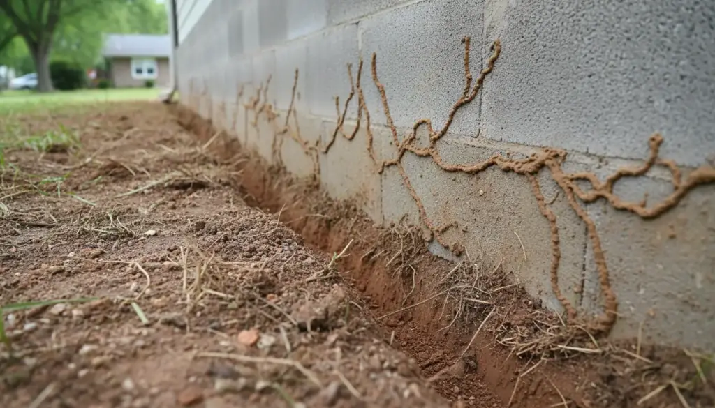 Dried mud tubes climbing a block foundation above an opened treatment trench in red clay